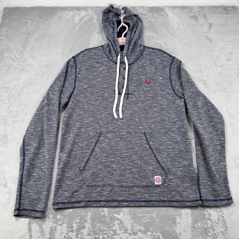 True Religion Hooded Henley Sweatshirt Men's XL Blue Long Sleeve Pullover Logo